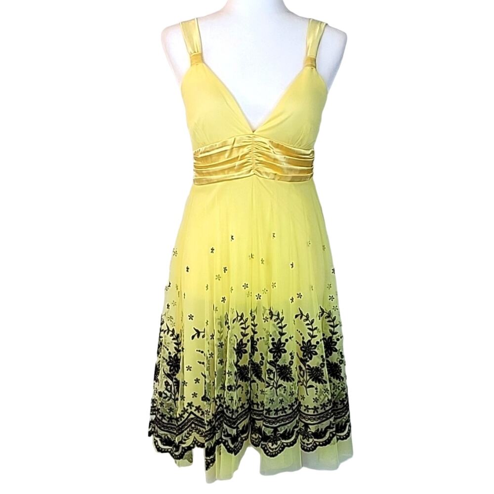 Taboo Women's Yellow with Black Felt Floral Print Overlay Mini Dress Size M